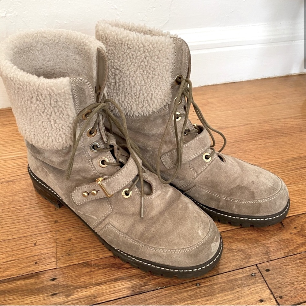 Stuart Weitzman Shearling & Beige Suede Winter Boots with Lug Sole, 9M